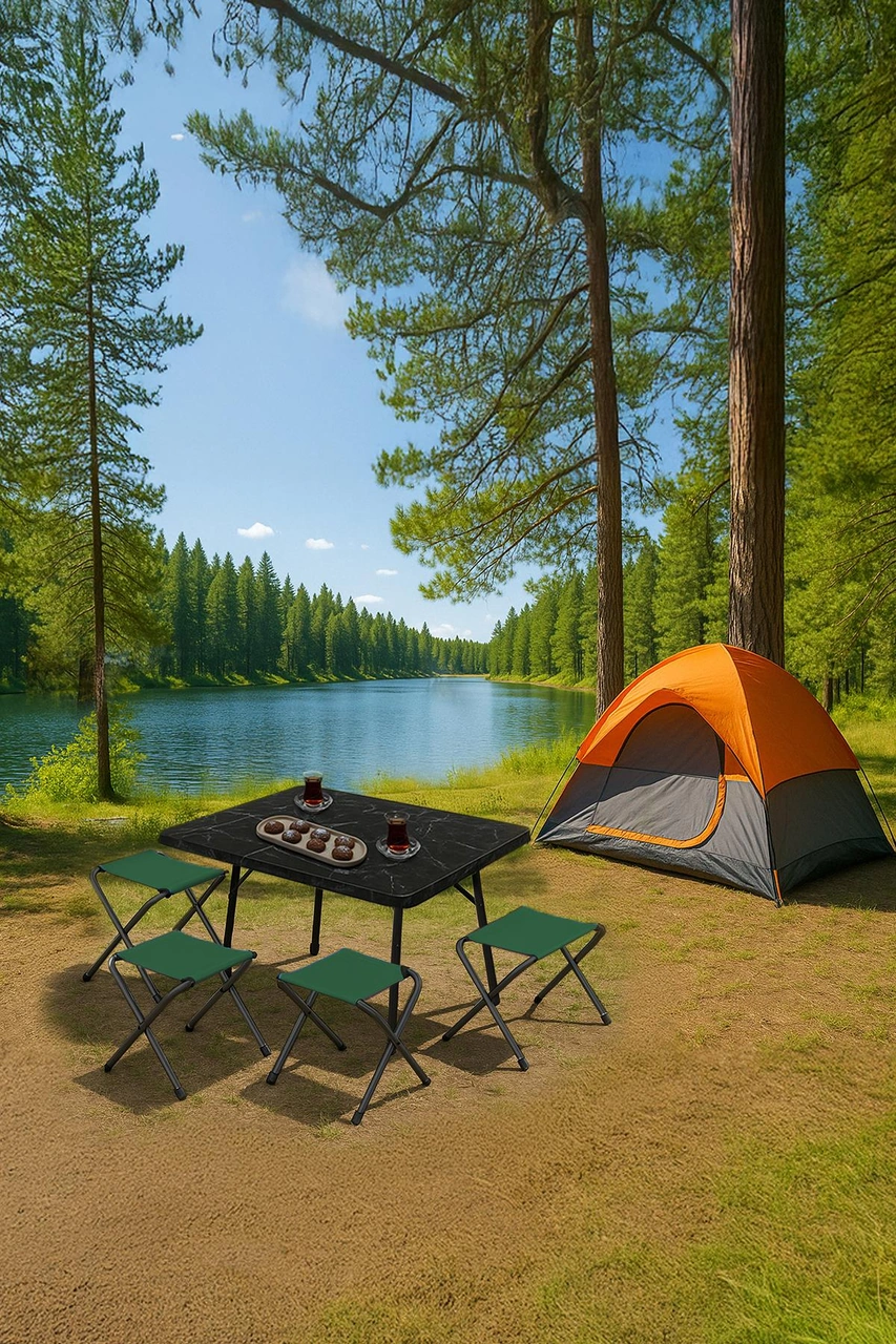 Exent 45x60 Cm Kamp Sehpası + 4 Adet Yeşil Tabure Piknik, Bahçe Balkon Sehpası Katlanır Sehpa-me-4y Çok Renkli