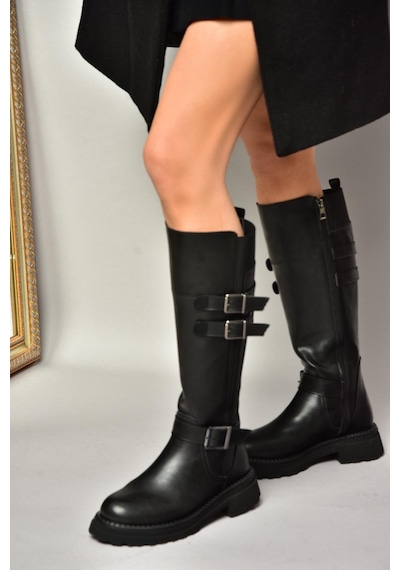 Fox Shoes T820857509 Siyah Düz Tabanlı Kadın Çizme Siyah-Suni Deri