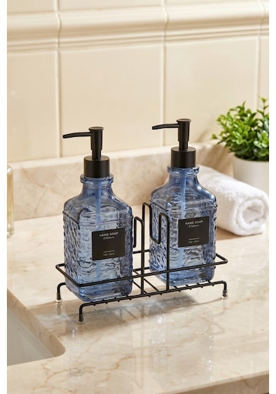 Makri Home Modern Kabartma Desenli Cam Ikili Sıvı Sabunluk & Deterjanlık Seti, Mavi - 500 Ml Cam Sabunluk Mavi