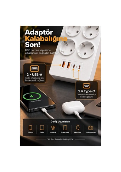 8 Prizli Çoklu Priz 3680w 2 Usb-a + 2 Type-c Akım Korumalı Güç Dağıtıcı 0 - 2 M