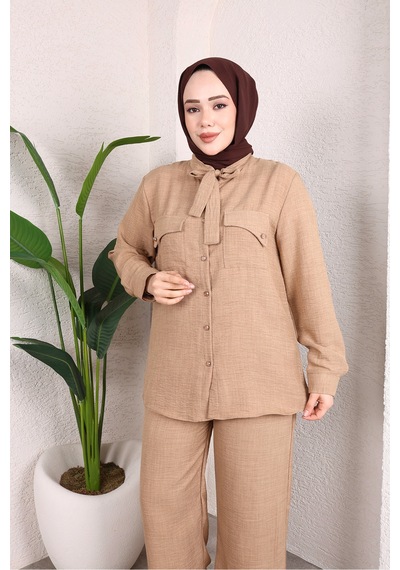 Hira Life Fashion Kadın Çift Cepli Önü Bağlamalı Düğmeli Tunik Pantolon Tessetür İkili Takım Vizon Vizon Hira Life Fashion Kadın Çift Cepli Önü Bağlamalı Düğmeli Tunik Pantolon Tessetür İkili Takım Vizon Vizon