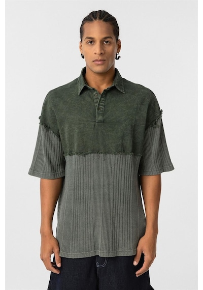 Vamos Yıkamalı Triko Oversize Polo Yaka Tişört V70-53 Haki