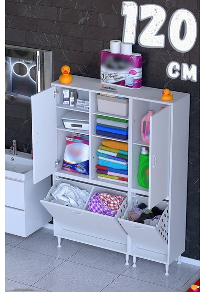 Mehtap 120 Cm 3 Sepetli Beyaz Dolap Mutfak/kiler Dolabı 75+45 X160x32,5 Cm
