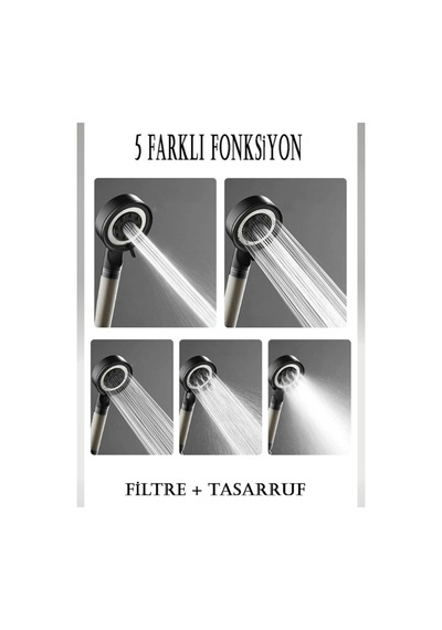 5 Fonksiyonlu Su Tasarruflu Çelik Paslanmaz Su Çıkışlı Filtreli Turbo Duş Başlığı Pvc Hortum Set Çok Renkli