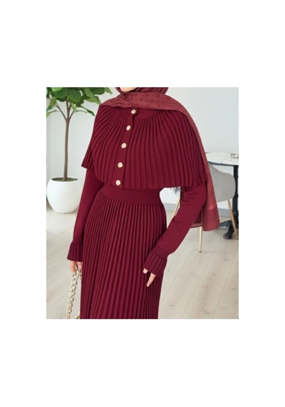 Dagü Design Kadın Bordo Tesettür Gold Düğmeli Pelerinli Triko Elbise Bordo Bordo