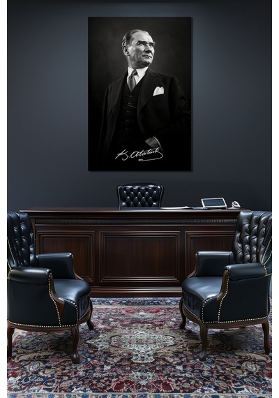 Atatürk İmzalı Siyah Beyaz Cam Tablo Modern Prestij Uv Baskı Duvar Dekoru