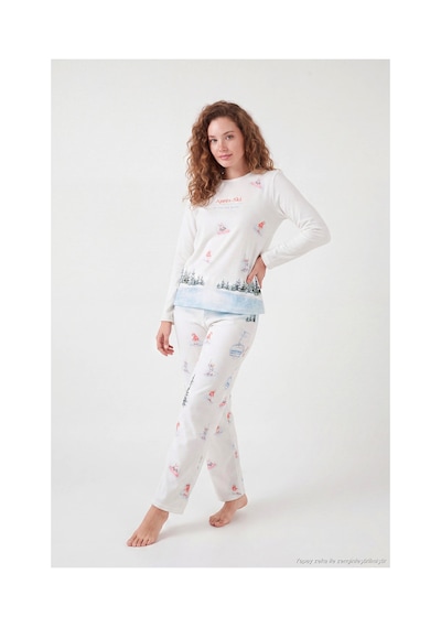 Lela Kış Temalı Bisiklet Yaka Uzun Kollu Pijama Takımı Kadın Pijama Takımı 6575019 Krem