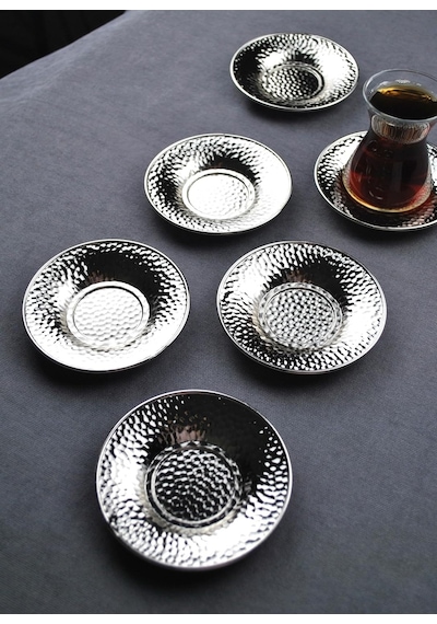 6 Adet Metal Çay Tabağı Dövme Desenli Çay Tabak 10 Cm Gümüş