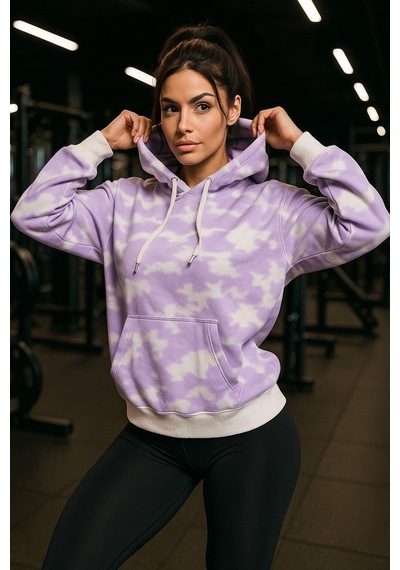 Kadın Batik Desen Renkli Oversize Relaxed Uzun Kollu Kapüşonlu Sweatshirt Pudra