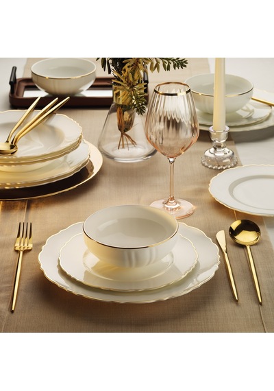 24 Parça 6 Kişilik Porselen Yemek Takımı Elegant Gold-4215 Beyaz