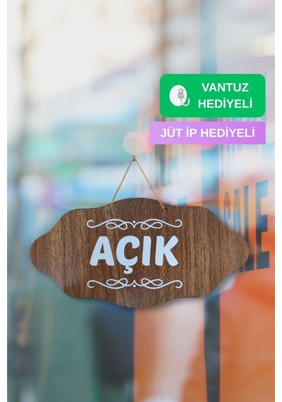 Dekoratif Açık-kapalı Tabelası Jüt İp Ve Vantuz Hediyeli - Ceviz