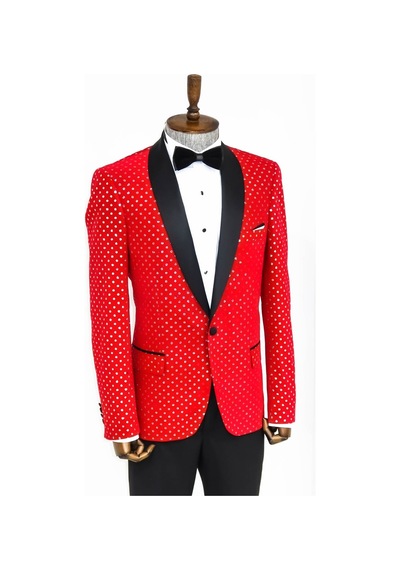 Wessi Nokta Desenli Slim Fit Kırmızı Erkek Smokin Ceket Kırmızı