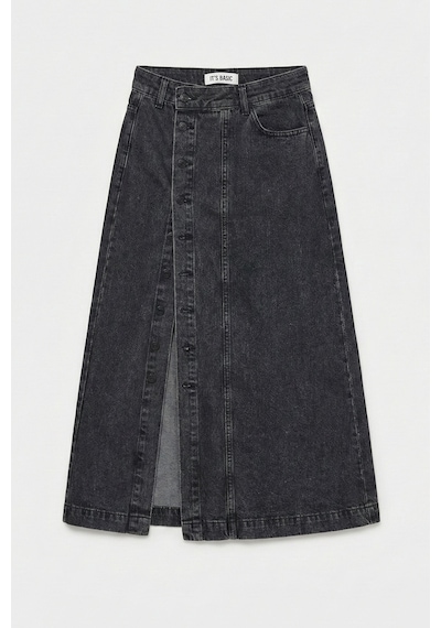 it's basic Kadın Gri Füme Renk Tilia Önü Düğmeli Maxi Boy Denim Etek