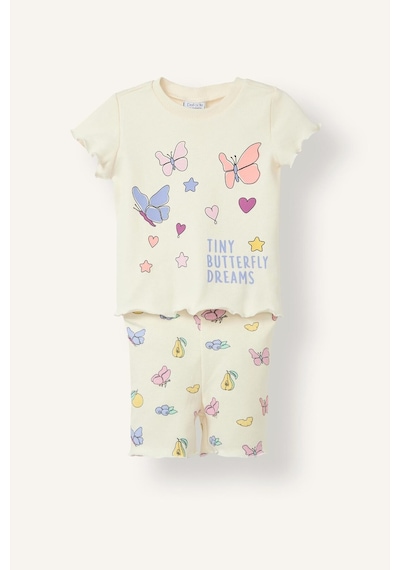 Defacto Baskılı Kıvırcık Kenarlı Fitilli Kaşkorse Şortlu 2li Pijama Takımı Kız Bebek H9310a526smwt46 Beyaz-wt46