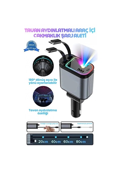 Led Işık Tavan Aydınlatmalı 66w 4 1 Çift Kablolu Hızlı Şarj 3.4a Araç İçi Çakmaklık Şarj Aleti Çok Renkli