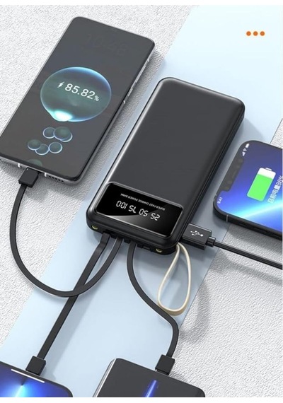 10000m Slim Powerbank Dijital Göstergeli Şarj Kablolu Güç Bankası Taşınabilir Şarj Fener Özellikli Siyah