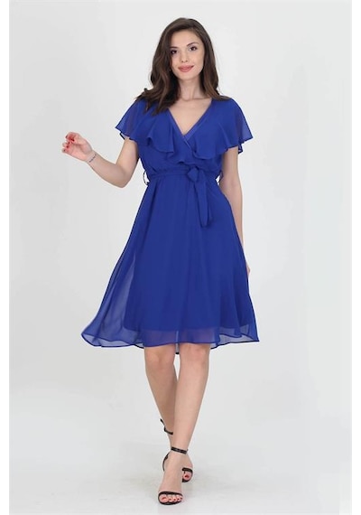 Neşeli Butik Kadın Midi Boy Yeni Sezon Kruvaze Yaka Melek Kol Şifon Elbise Ry8081 Saks