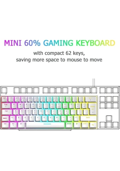 Trol Red Switch Mini Oyun Klavyesi Gaming Mekanik 62 Tuşlu 18 Led Usb Tip-c Kablosu Beyaz