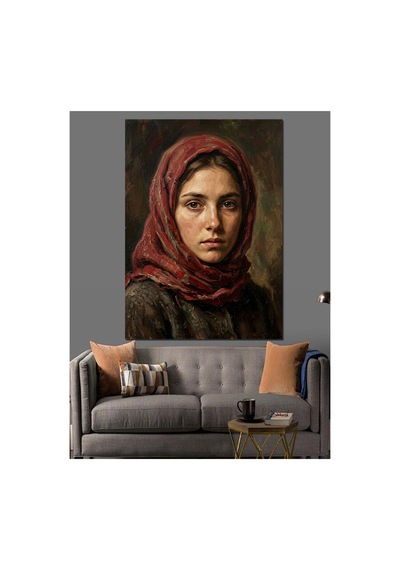 Kırmızı Başörtülü Yaşlı Kadın Portresi Yağlı Boya Dokulu Kanvas Tablo Canvas Tablosu
