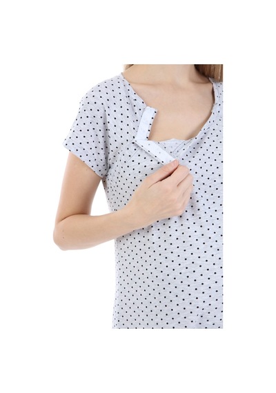 Luvmabelly Myra9582 Yandan Çıt Çıtlı Hamile Geceliği - Siyah Puantiyeli - Gri-gri