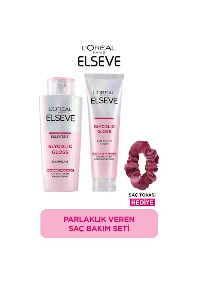 Elseve Glycolic Gloss Mükemmel Parlaklık Şampuan 200 ML + Saç Kremi 150 ML + Saç Tokası Elseve Glycolic Gloss Mükemmel Parlaklık Şampuan 200 ML + Saç Kremi 150 ML + Saç Tokası