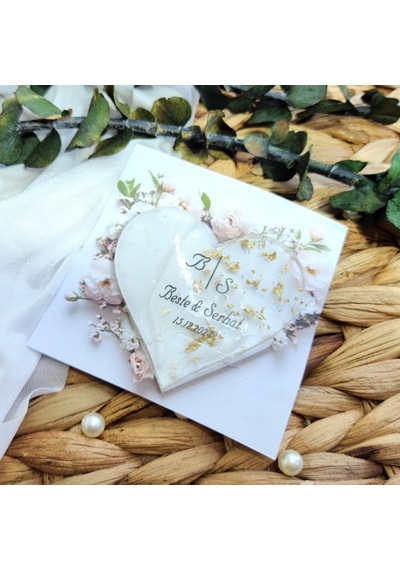 Epoksi Kalp Kağıt Üzeri Altın Renk Magnt Söz Nişan Nikah 15 Adet