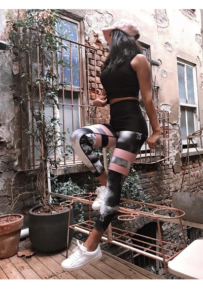 Lismina Baseni Siyah Duman Desen Toparlayıcı Spor Tayt Beyaz - Gri - Siyah