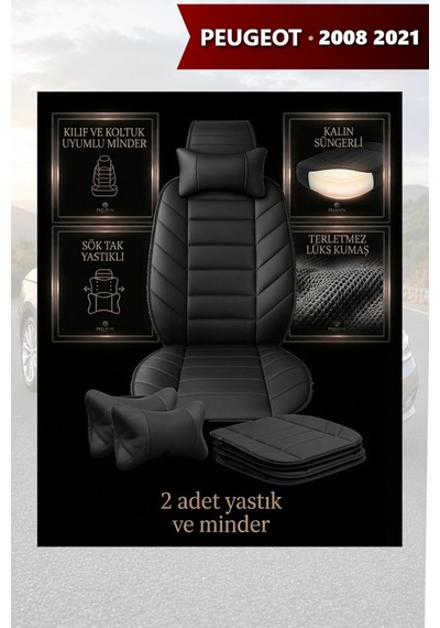 Peugeot 2008 2021 Uyumlu Lüks Premium Siyah Renk 2 Adet Minder Ve Yastık