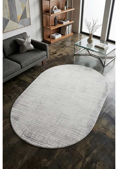 Geometrik Soyut Desenli Oskar Akrilik Makine Oval Halı Os04 Krem Gri-krem