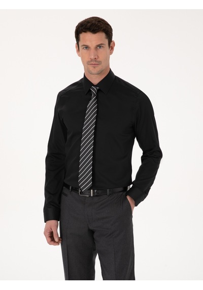 Cacharel Siyah Slim Fit %100 Pamuk Non Iron Kolay Ütülenebilir Klasik Gömlek