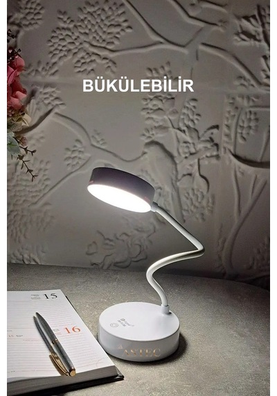 Astec Beyaz Bükülebilir 3 Renk Led Masa Çalışma Lambası Dimli Dayanıklı Silikon Tuşlu Usb'li Şarjlı