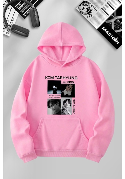 Macklin Unisex Kadın Erkek Kim Taehyung Bts Özel Tasarım Baskılı Kapşonlu Sweatshirt Pembe Mck1049 Pembe