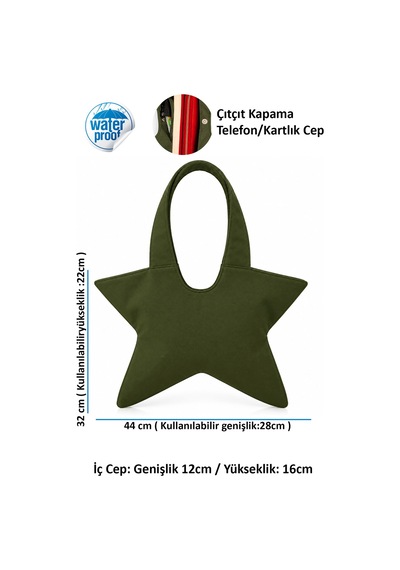 Tuttobene Star Bag Yıldız Çanta Çıtçıtlı İç Cepli Özel Tasarım Omuz Çantası Su Geçirmez Leke Tutmaz Tb052 Haki