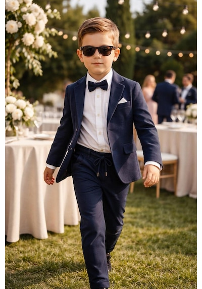 Baby Kids Colors Erkek Çocuk Flamlı Keten Salaş Ceketli Takım Elbise / Gömlek Pantolon Ceket Papyon Keten Takım Lacivert