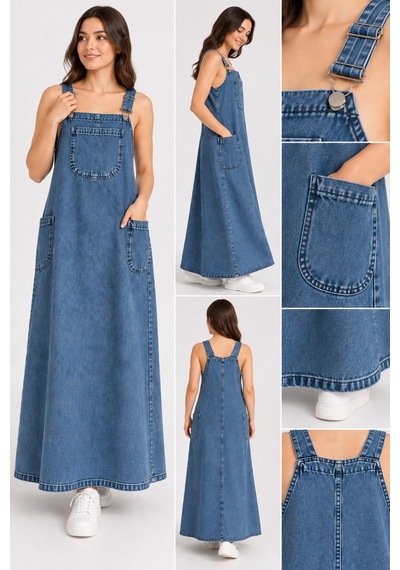 Bul-al Kadın Uzun Denim Jile Elbise Askılı Cepli Jean Elbise Mavi