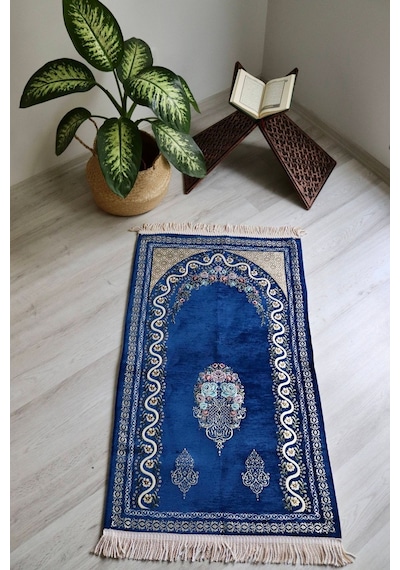 Çeyizlik Astarlı Lüks Seccade Hediyelik S1019 Siyah Mavi