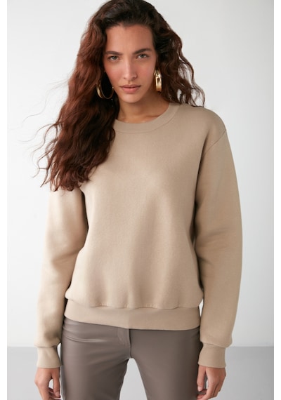 Grimelange Vaneltına Kadın Içi Polarlı 3 Iplik Organik Pamuk Oversize Basic Bisiklet Yaka Vizon Sweatshirt