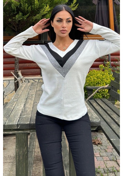 WeShaya Kadın Ekru Uzun Kollu V Yaka Color Block Pamuklu Bluz Sweatshirt Ekru