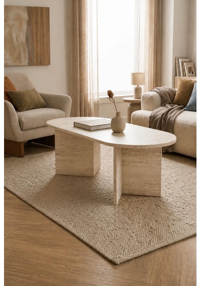 Modern Oval Orta Sehpa Minimal Ahşap Salon Sehpası Şık Tasarım Traverten