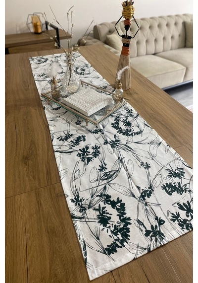 40x150 Yeşil Çiçekli İnce Keten Dekoratif Runner