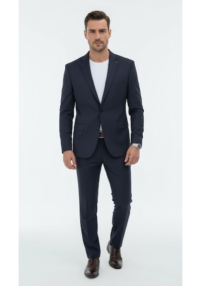 Erkek Slim Fit Mikro Dokulu Takım Elbise Çift Düğmeli Modern Kesim Lacivert