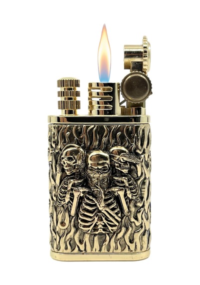 Chief Retro Gold Üç İskelet Kabartmalı Metal Çakmak - Koleksiyonluk Seri Sarı