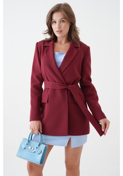 Sââde Kadın Tek Düğmeli Dokuma Kruvaze Blazer Ceket - Kuşaklı Bordo