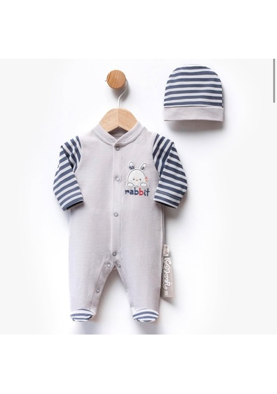 Bellamio Kids Rabbit Yazılı Patikli Erkek Bebek Tulum Seti Gri