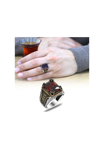 Baget Kesim Kırmızı Zirkon Taşlı Yanları Gotik Süslemeli 925 Ayar (537174758)