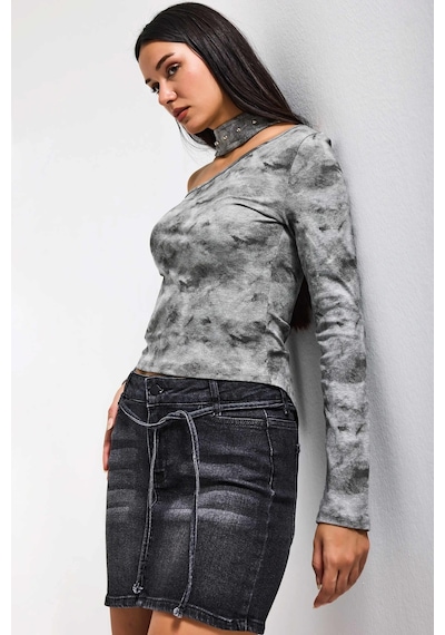 it's basic Kadın Gri W5 Asimetrik Kesim Özel Kumaş Tasarım Crop Top
