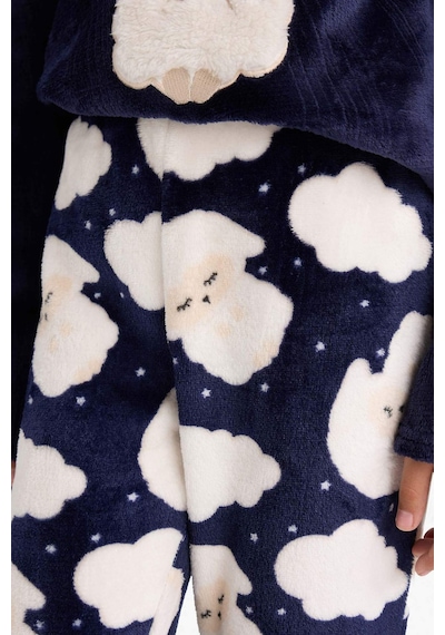Defacto Pijama Takımı Pelüş Baskılı Uzun Kollu Üst Desenli Uzun Alt Kız Çocuk D1083A824WN Lacivert
