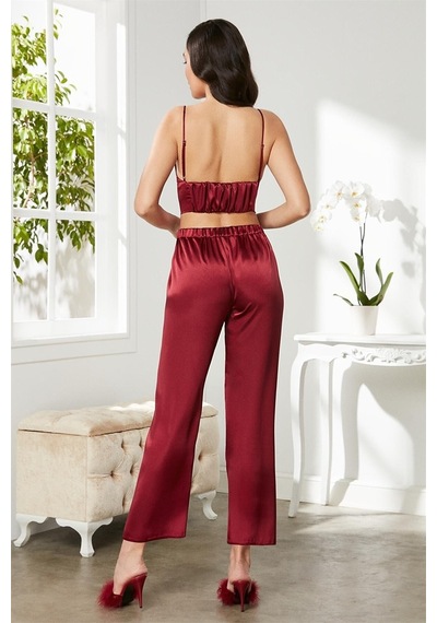 Pierre Cardin 2075 Kadın Saten Sabahlıklı Pijama Takım-bordo Bordo