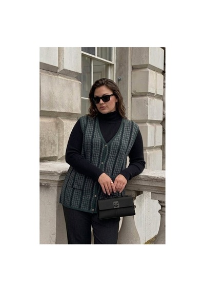 Onno Style Women Kazayağı Desen Renkli Çelik Örgü Triko Kadın Yelek Yeşil