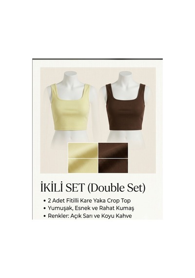 Trendol Fashion Life İkili Set Ribana Kumaş Crop Atlet Body Sarı,kahve Sarı,kahve